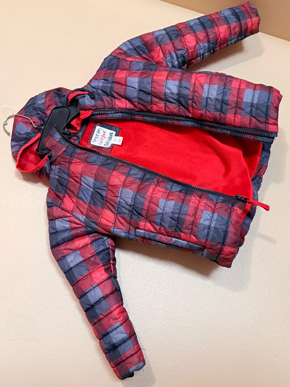 Cat & Jack Red and Navy Plaid Puffer Jacket with Hood